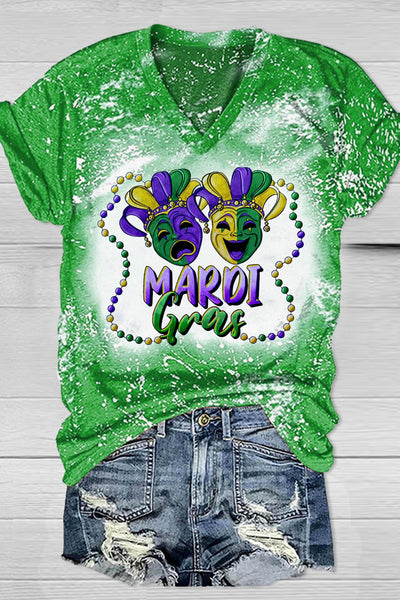Casual Mardi Gras Mask With Beads Print Bleached Outside T-shirt