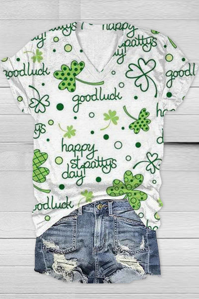 Casual Happy St. Pattys Day Good Luck Green Shamrocks Printed V-neck T-shirt