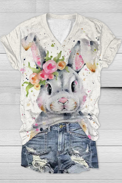 Bunny Rabbit Wearing Spring Flower Wreath  Multicolor Ink Dots Printed Casual V-neck Short Sleeve T-shirt