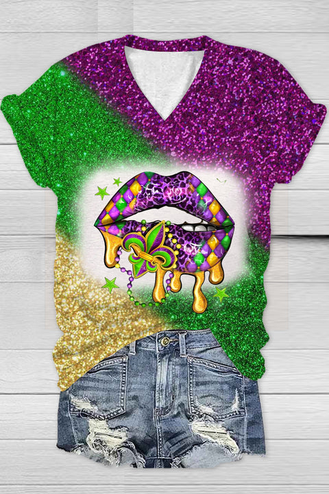 Mardi Gras Glitter Leopard Western Lips Tie Dye Bleached Short-sleeved T-shirt