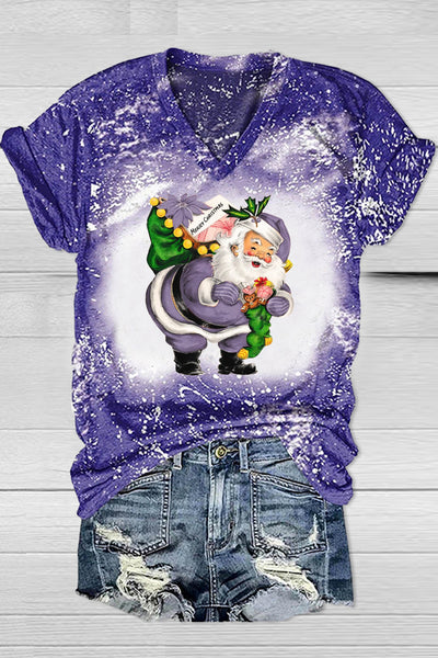 Purple Christmas Santa Print V-Neck T-Shirt