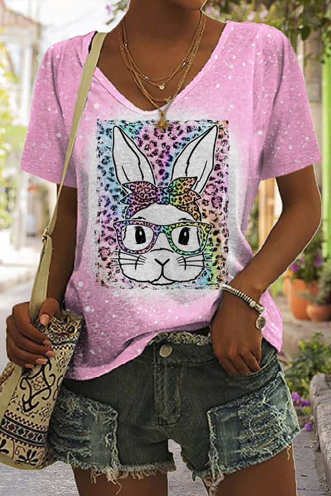 Rainbow Leopard Easter Bunny With Glasses Bleached Print V-Neck T-shirt