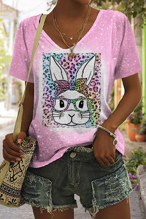 Rainbow Leopard Easter Bunny With Glasses Bleached Print V Neck T-shirt