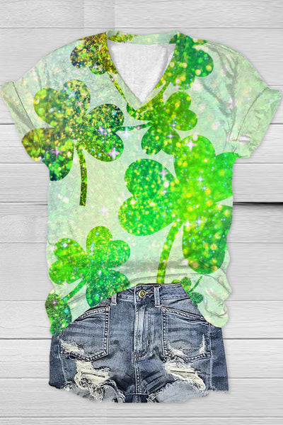 Casual Glitter Lucky Green Shamrocks Paid Printed V-neck T-shirt