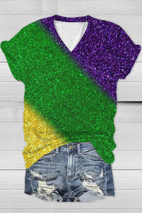 Retro Glitter Gradient Mardi Gras Carnival Print V Neck Short Sleeve T-shirt