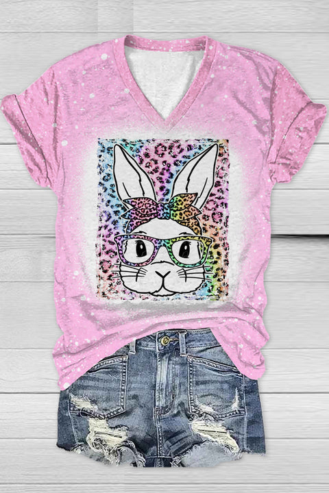 Rainbow Leopard Easter Bunny With Glasses Bleached Print V Neck T-shirt