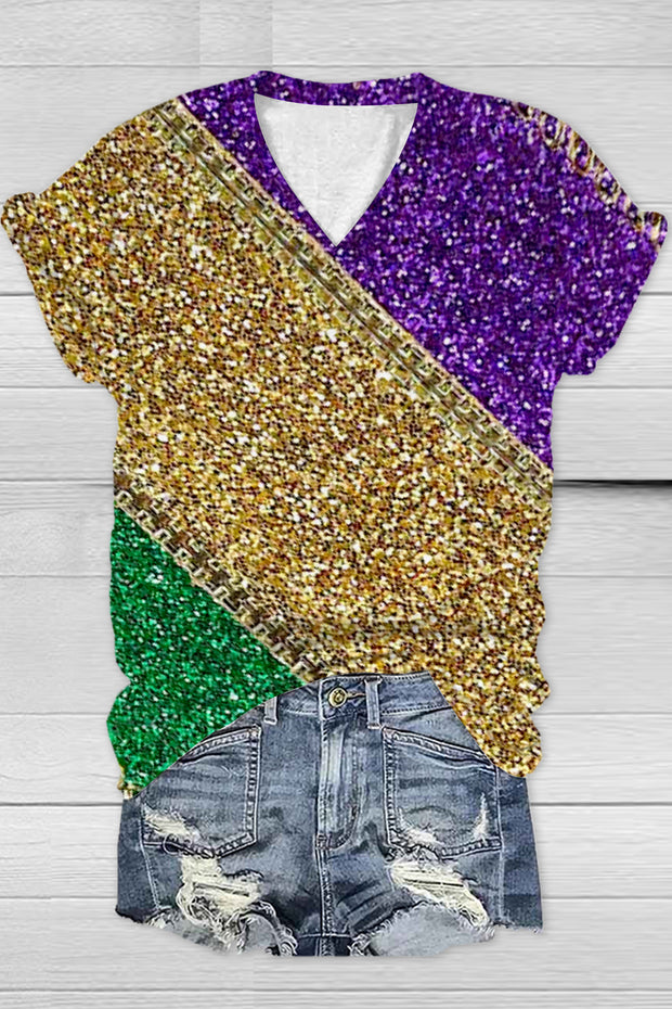 Retro Mardi Gras Carnival Purple Green And Gold Color Block Glitz Print V Neck Short Sleeve T-shirt