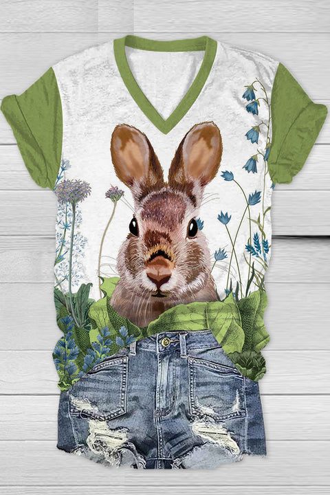 Cute Easter Bunny In The Green Plants Printed V Neck Short Sleeve T-shirt