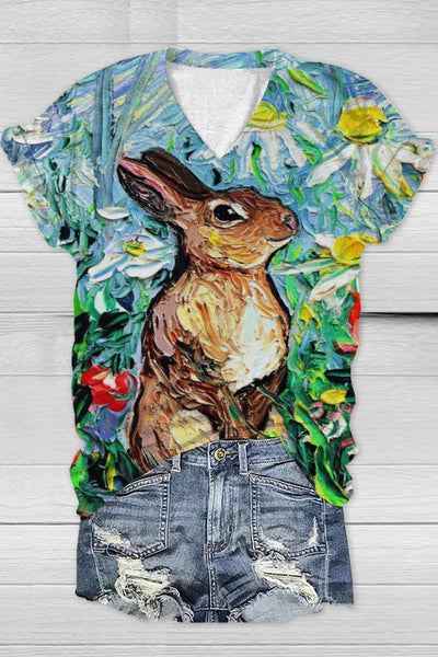 Happy Easter Day Bunny Floral Abstract Art V Neck Short Sleeve T-shirt