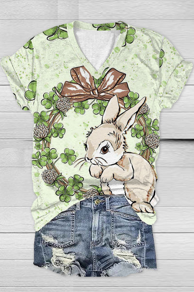 Easter Day Bunny Green Shamrock V Neck Short Sleeve T-shirt