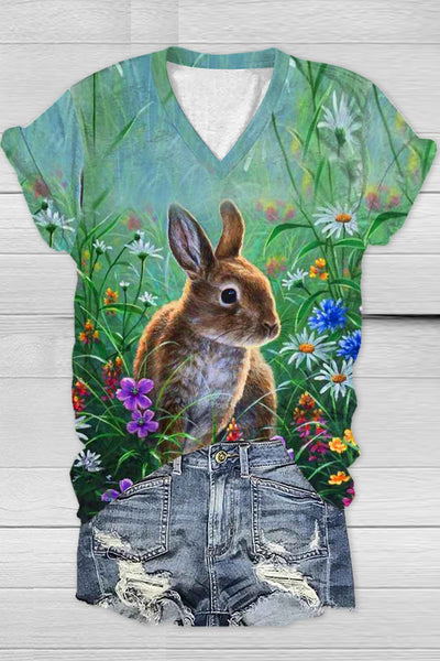 Happy Easter Cute Bunny And Flowers V Neck T-shirt