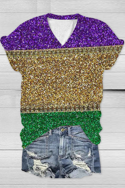Retro Mardi Gras Carnival Purple Green And Gold Color Block Glitz Print V Neck Short Sleeve T-shirt
