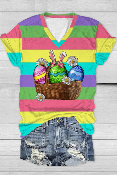 Happy Easter Day Colorful Eggs Stripe V Neck Short Sleeve T-shirt