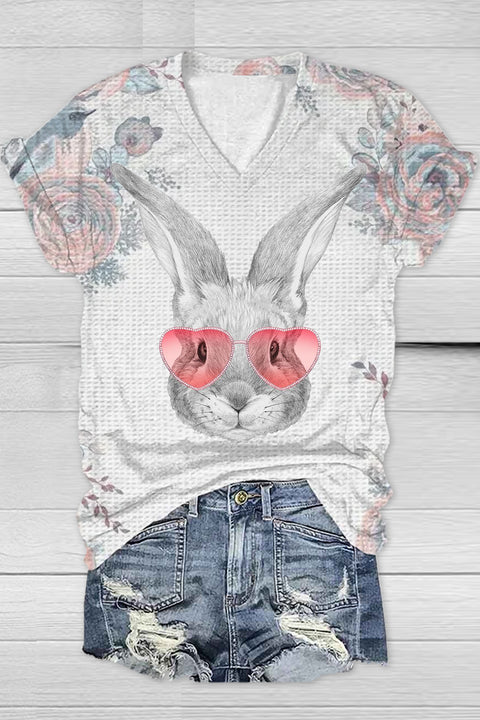 Pink Flower Pink Love Sunglasses Sketch Rabbit Head V Neck T-shirt