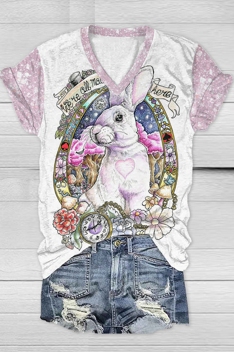 Egg Glitter Rabbit White Rabbit Printed V Neck T-shirt