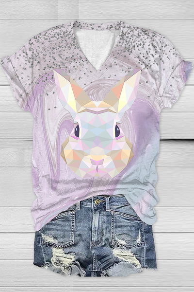 Color Block Rabbit Head Gradient Glitter Printed V Neck T-shirt