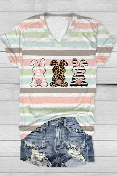 Cute Leopard Easter Bunny Stripe V Neck Short Sleeve T-shirt