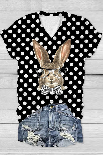 Casual Easter Bunny Rabbit With Black And White Plaid Print V Neck Short Sleeve T-shirt