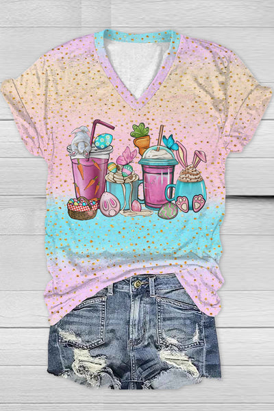 Happy Easter Day Bunnies Cup Pink Blue V Neck T-shirt