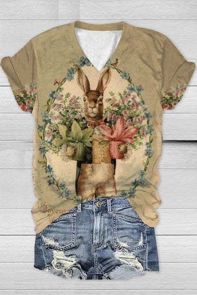 Vintage Oil Painting Bouquet Of Rabbits Printed V Neck T-shirt