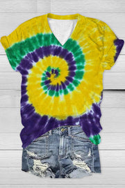 Vintage Mardi Gras Purple Green And Gold Tie Dye Print V Neck T-Shirt