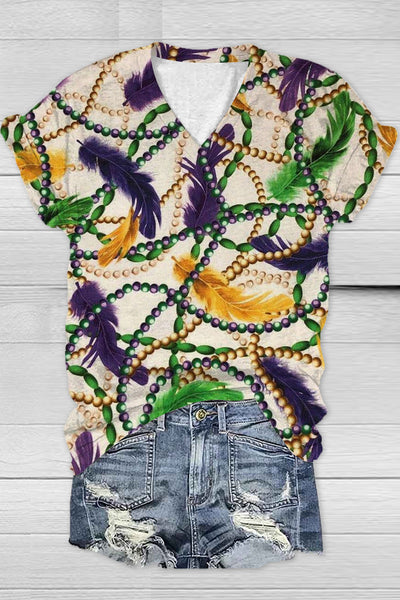 Retro Mardi Gras Feathers & Beads Print V Neck Short Sleeve T-shirt