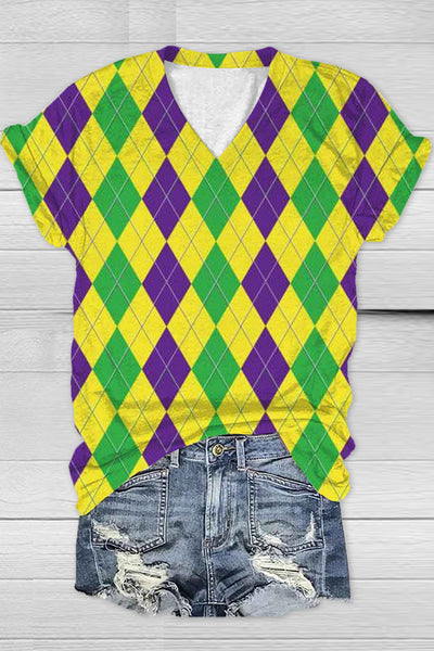 Retro Argyle Mardi Gras Carnival Print V Neck Short Sleeve T-shirt