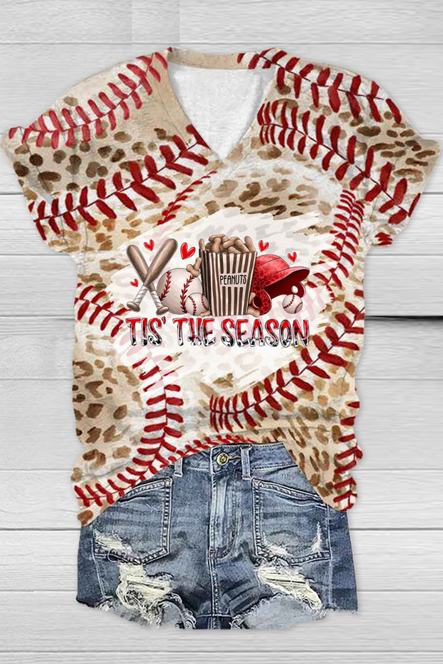 Tis the Season Baseball Leopard Printed V Neck T-shirt