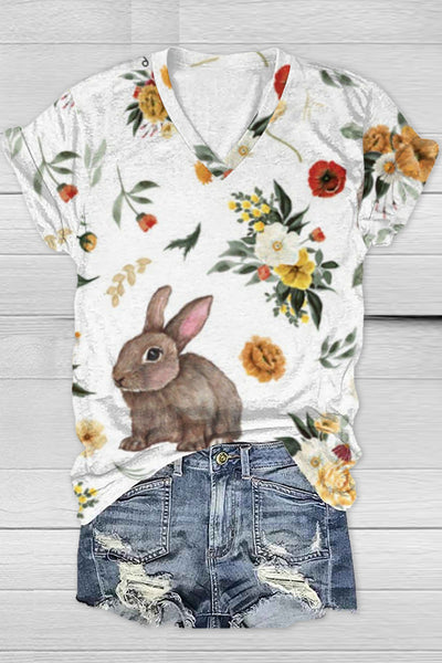 Happy Easter Day Floral Rabbits V Neck T-shirt