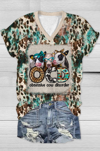 OCD Obsessive Cow Disorder Western Leopard Print V Neck T-shirt