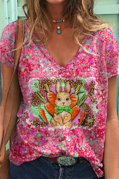 Easter Diamond Pink Dot Bunny Leopard Print V Neck Short Sleeve T-shirt