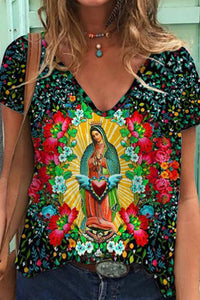 Easter Floral Strokes Floral Virgin Mary V Neck Short Sleeve T-shirt