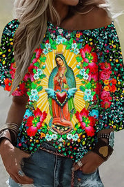 Easter Floral Strokes Floral Virgin Mary Wide Neck Short Sleeve T-shirt