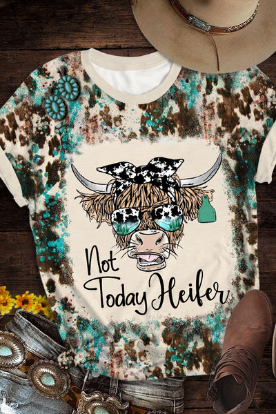 Not Today Heifer Highland Cow Western Leopard Print Round Neck T-shirt