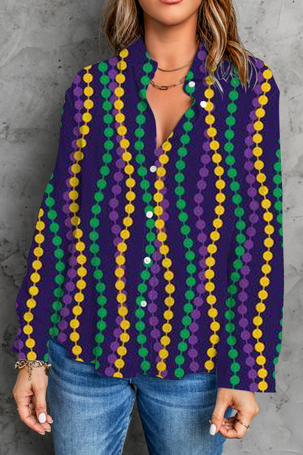 Casual Mardi Gras Tricolor Beads Long Sleeve Shirt