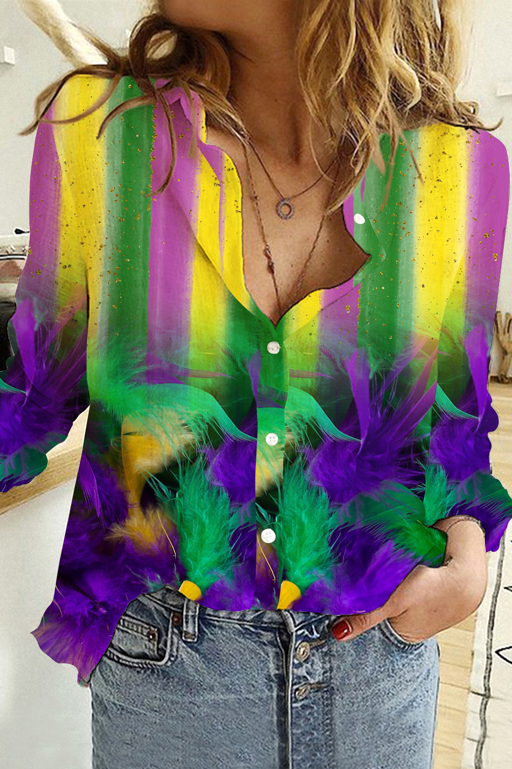 Mardi Gras Carniva Neon Feathers Long Sleeve Shirt