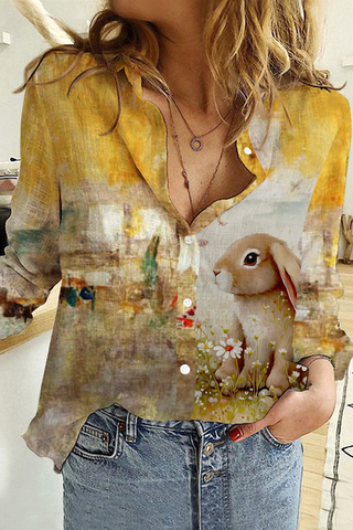Retro Chronology Easter Bunny Warm Color Painting Long Sleeve Shirt