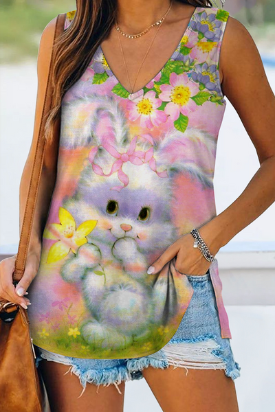 Dreamy Easter Bunny & Flowers Sleeveless V-neck Tank