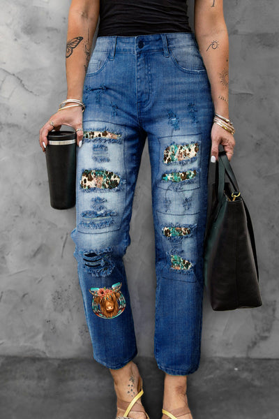 Floral Long Hair Shaggy Cow With Horseshoe Western Leopard Print Ripped Denim Jeans