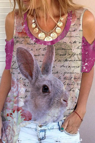 Vintage Poster & Easter Bunny Cold Shoulder T-Shirt