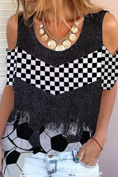 Checkerboard Graphic & Soccer Pattern Cold Shoulder T-Shirt
