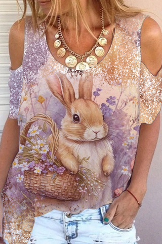 Vintage Painting Poster Easter Bunny Cold Shoulder T-Shirt