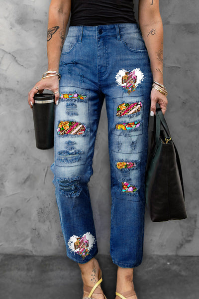 Save His Grace Colorfull Easter Coss Printed Ripped Denim Jeans