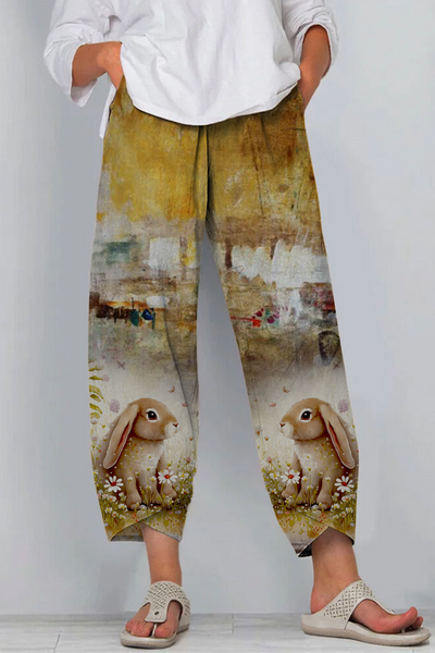 Retro Chronology Easter Bunny Warm Color Painting Casual Pants