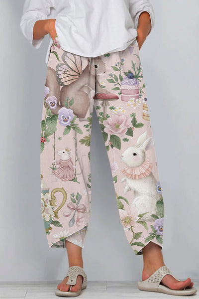 Vintage Painting Easter Bunny In The Pink Spring Garden Painting Casual Pants