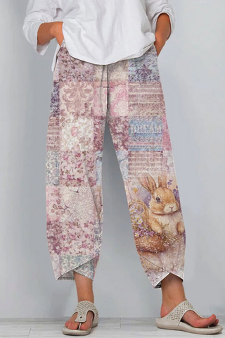 Vintage Painting Poster Easter Bunny Painting Casual Pants