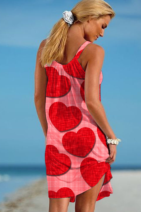 Love Red Heart-Shaped Print Sleeveless Dress