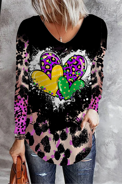 Purple Leopard Plaid Mardi Gras Love V Neck Long Sleeve T-Shirt