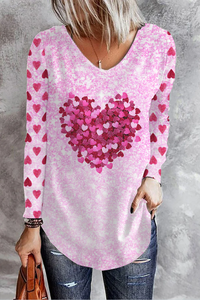 Valentine's Day Pink Glitter Heart V Neck Casual Long Sleeve T-shirt