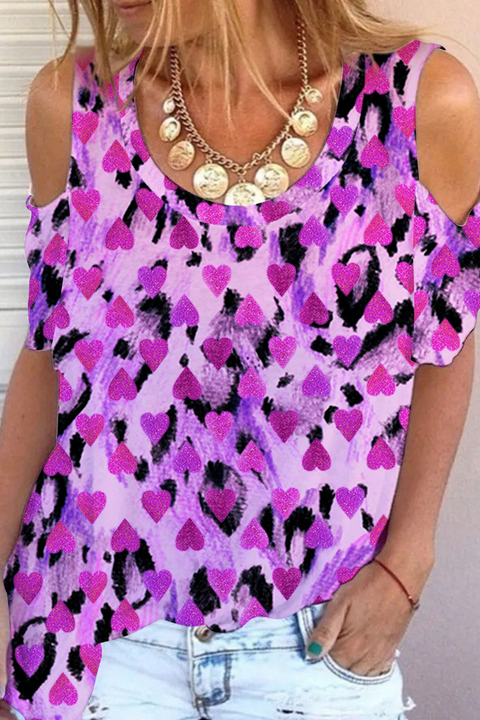 Bright Purple Leopard Heart Print Cold Shoulder T-shirt